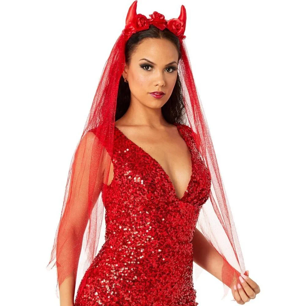 Villainous Veil Red Devil Horns Headband Women Costume Accessory